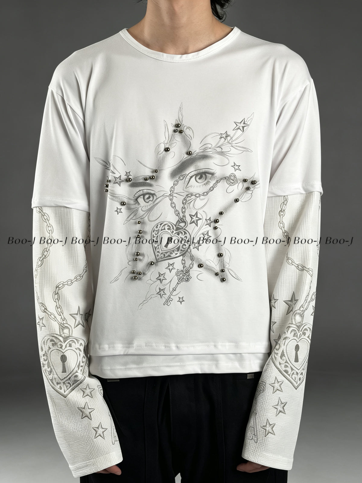 Heart Lock Star Stud Print Fake Two-Piece Long Sleeve Tee