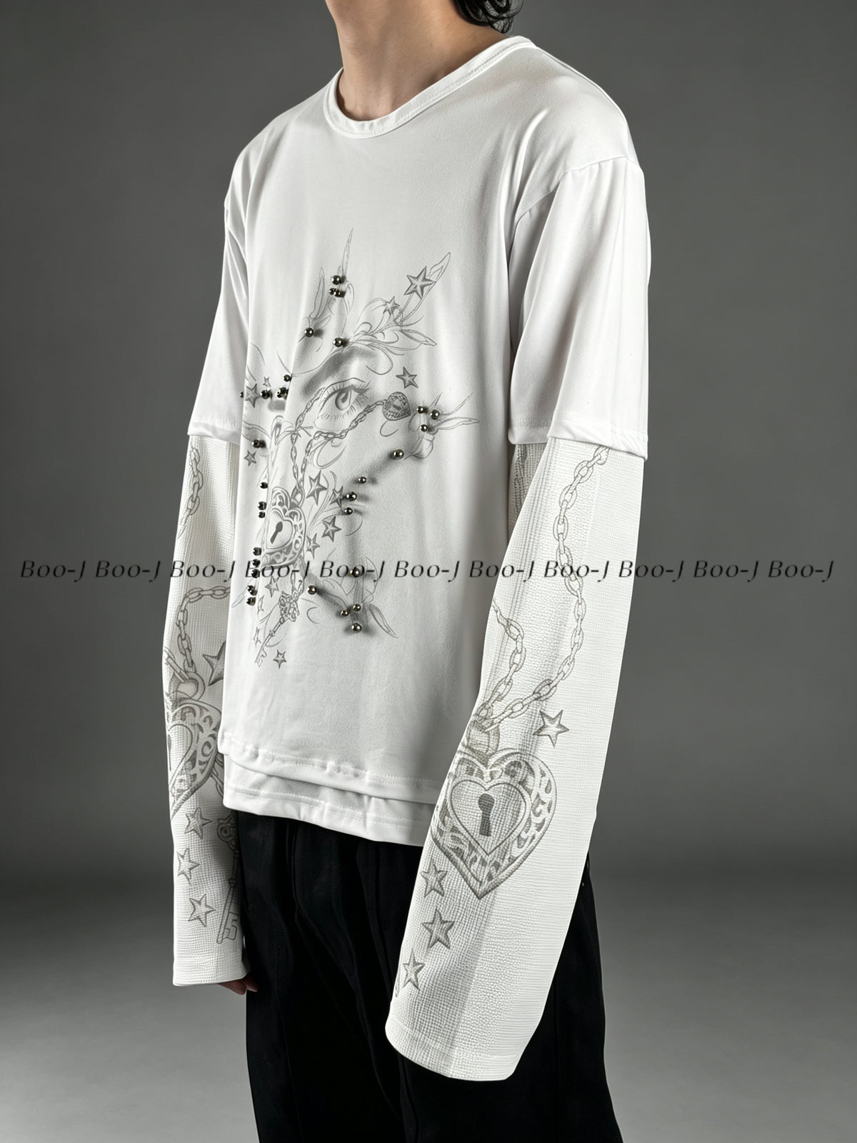 Heart Lock Star Stud Print Fake Two-Piece Long Sleeve Tee