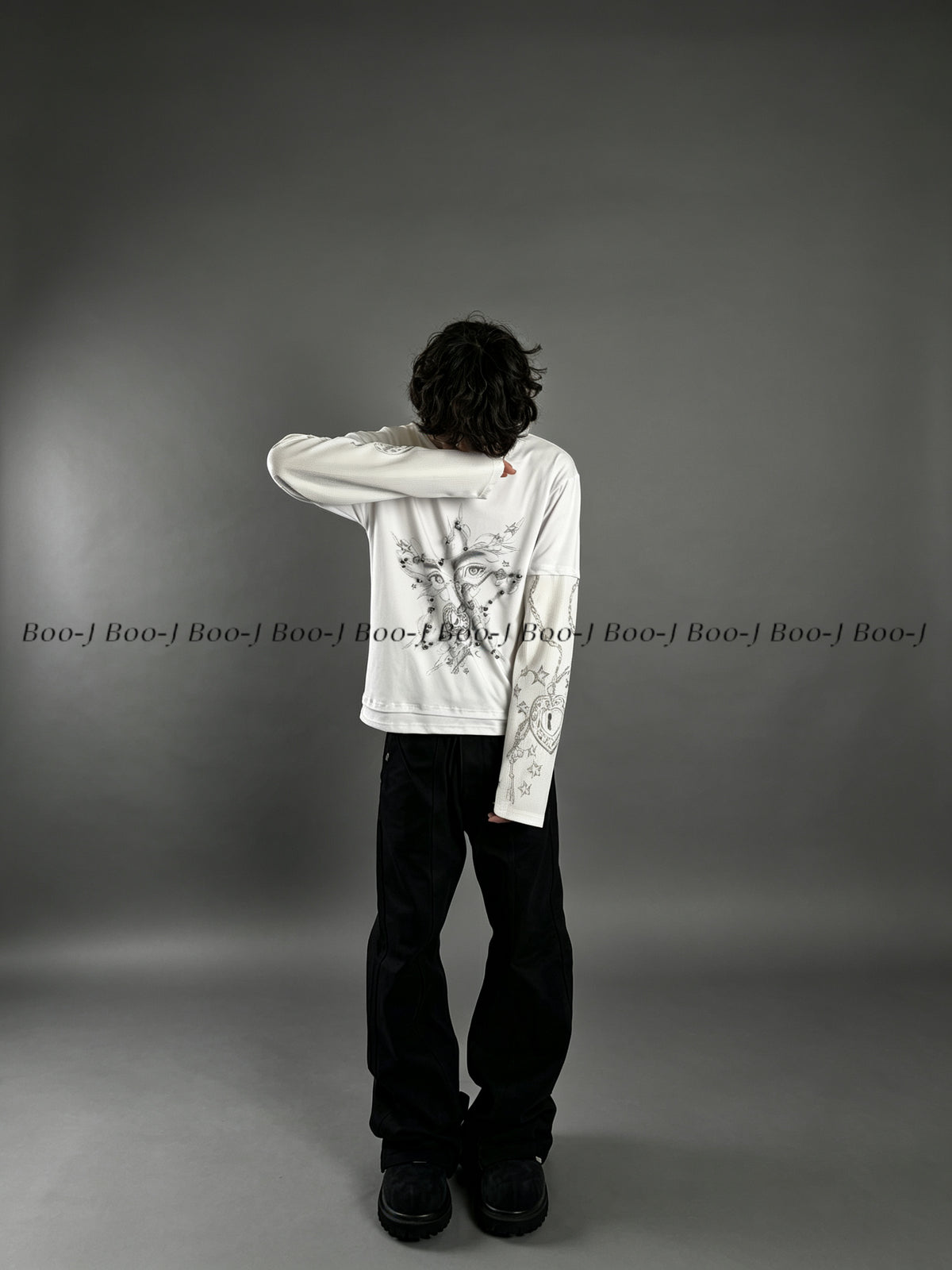 Heart Lock Star Stud Print Fake Two-Piece Long Sleeve Tee