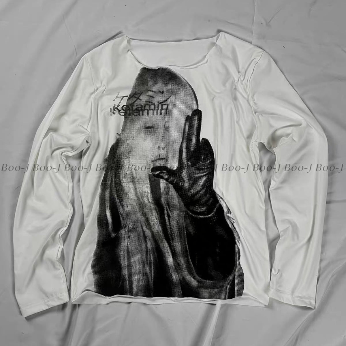 Dark Portrait Print Wide Neck Long Sleeve Tee