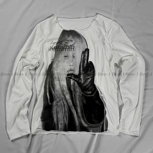 Dark Portrait Print Wide Neck Long Sleeve Tee