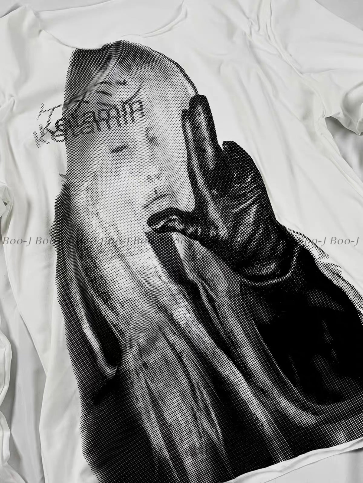 Dark Portrait Print Wide Neck Long Sleeve Tee