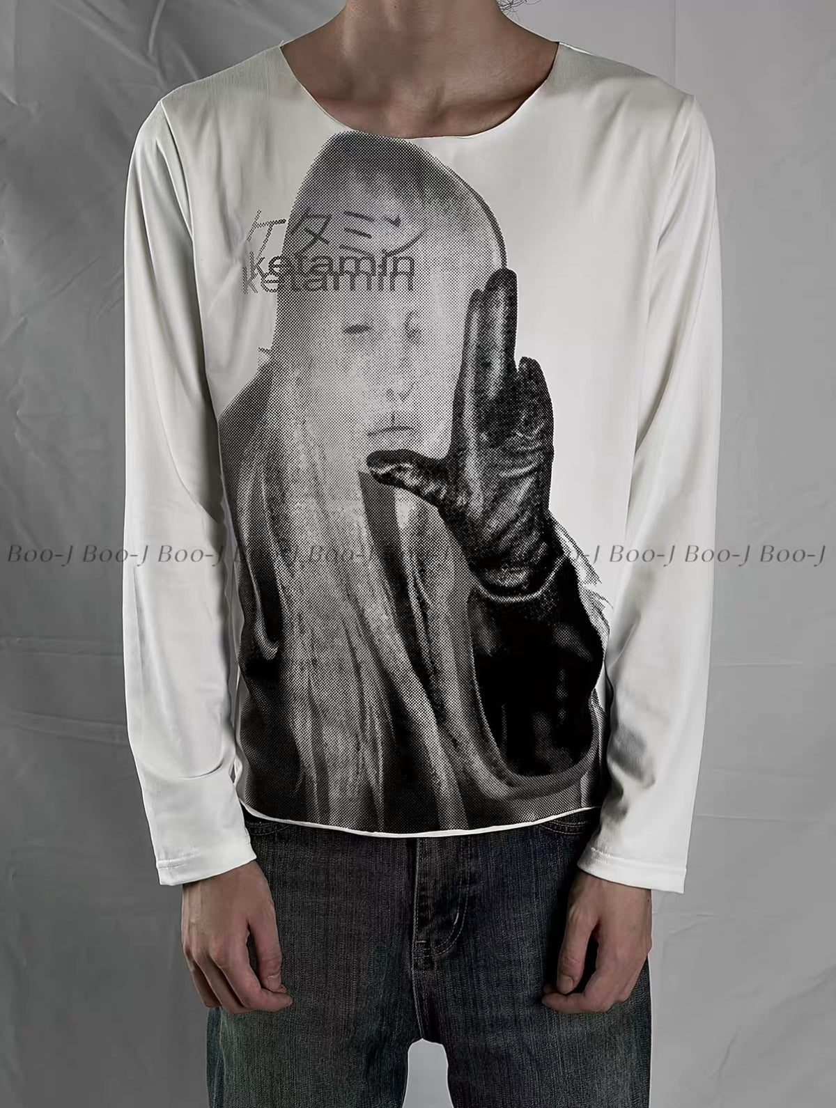 Dark Portrait Print Wide Neck Long Sleeve Tee