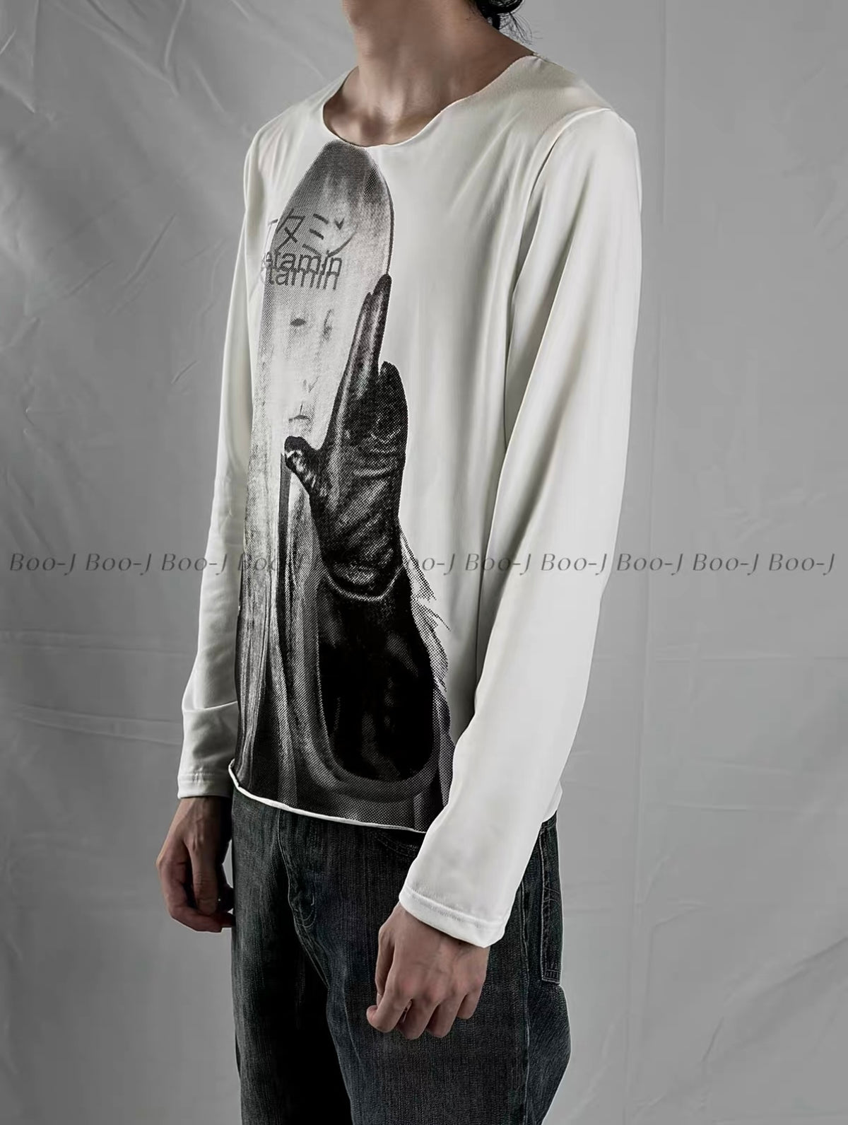 Dark Portrait Print Wide Neck Long Sleeve Tee