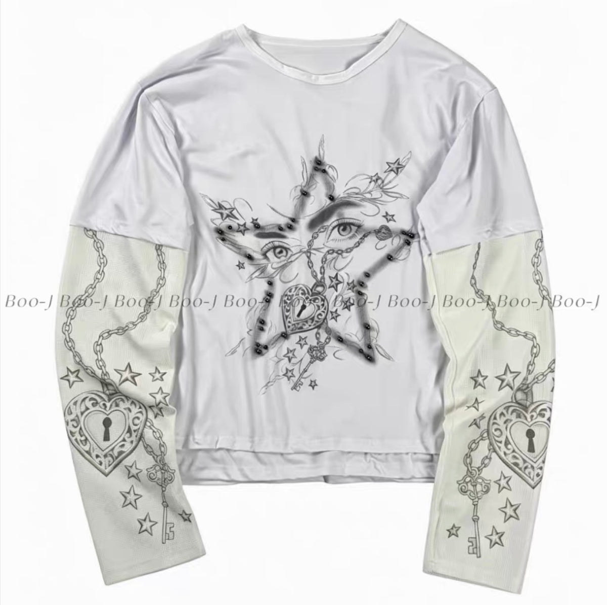 Heart Lock Star Stud Print Fake Two-Piece Long Sleeve Tee