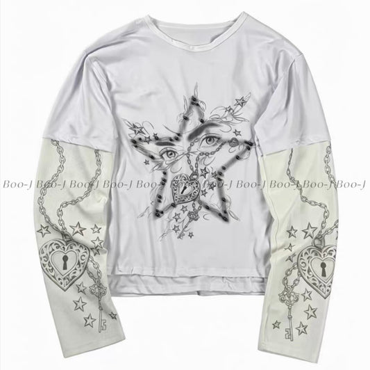 Heart Lock Star Stud Print Fake Two-Piece Long Sleeve Tee