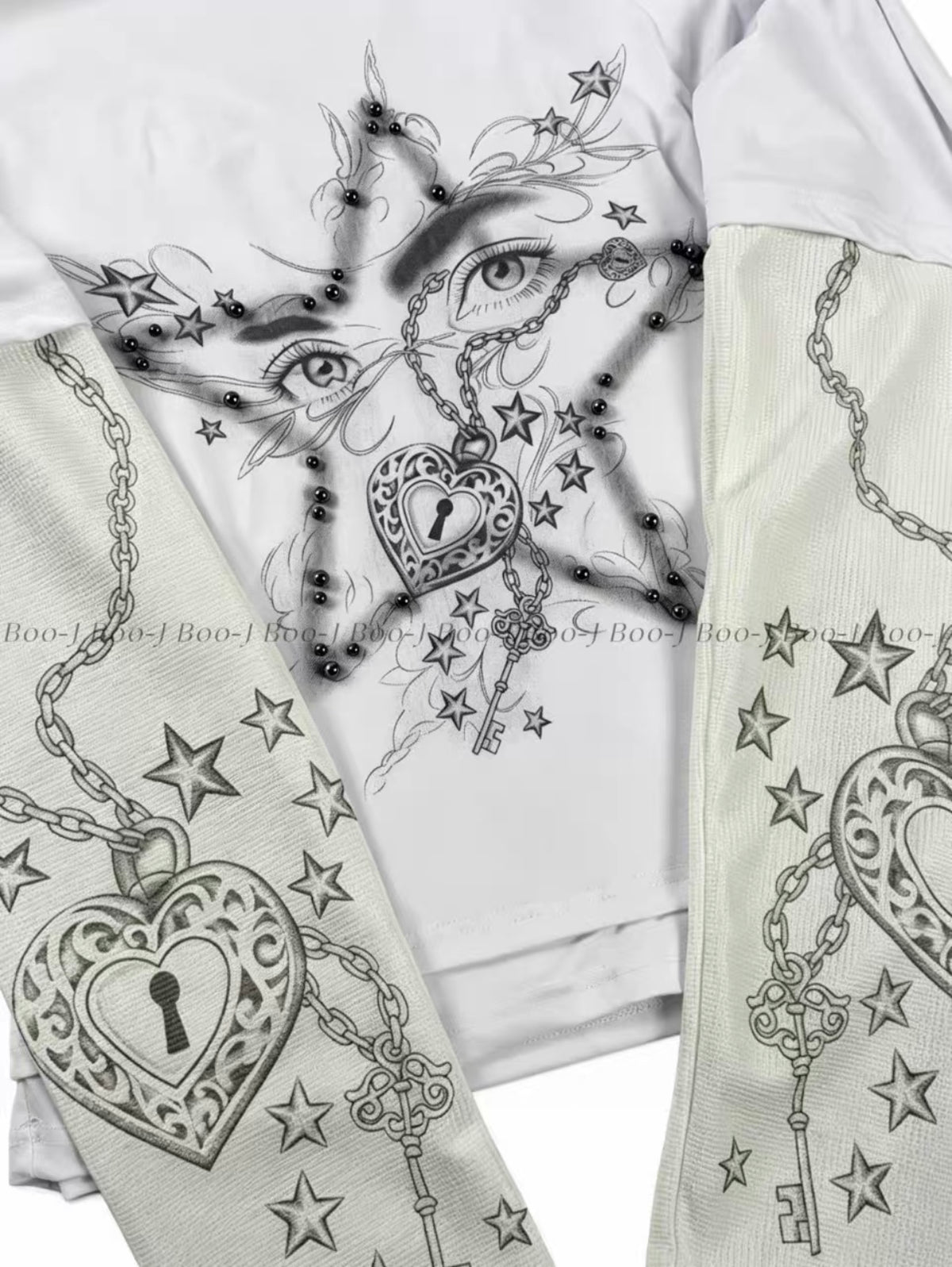 Heart Lock Star Stud Print Fake Two-Piece Long Sleeve Tee